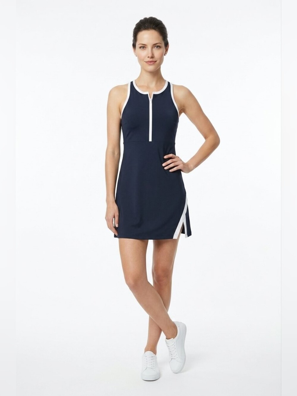 Women’s Black Zip-Front Athletic Dress with White Trim